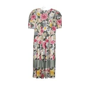 Vtg Nieman Marcus Dress Floral Pleated Skirt Puff Sleeves See Measurements